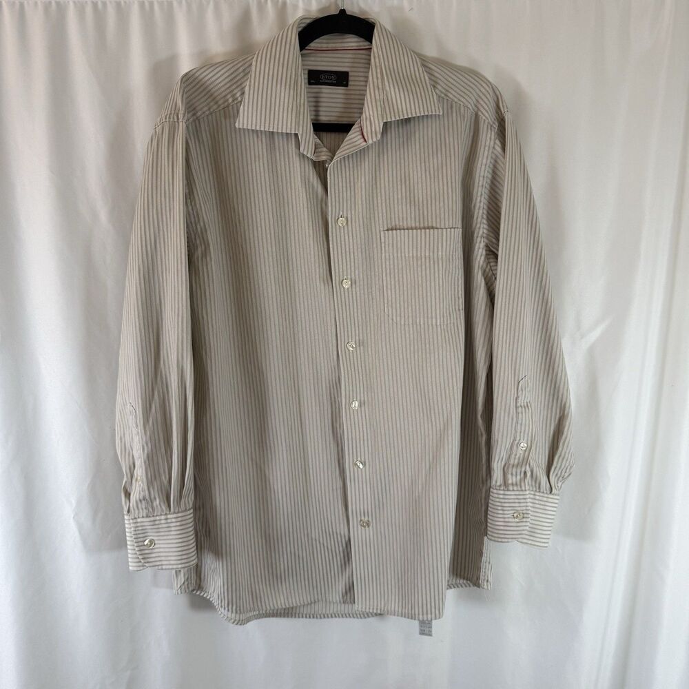 Eton Dress Shirt Men's 42 16.5 White Beige Striped Button Up Long Sleeve Cotton